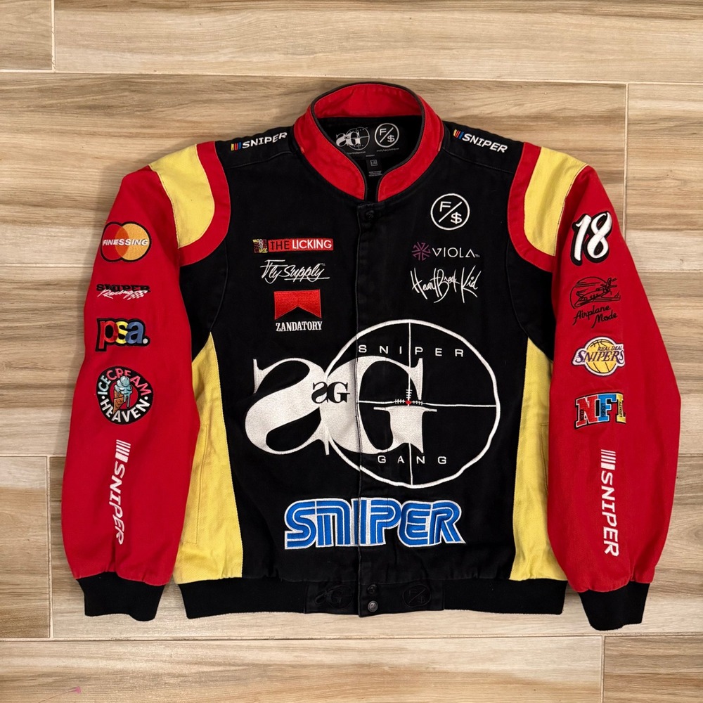 Sniper Gang Fly Supply Racing Bomber Jacket Black Red Yellow Patchwork Mens L